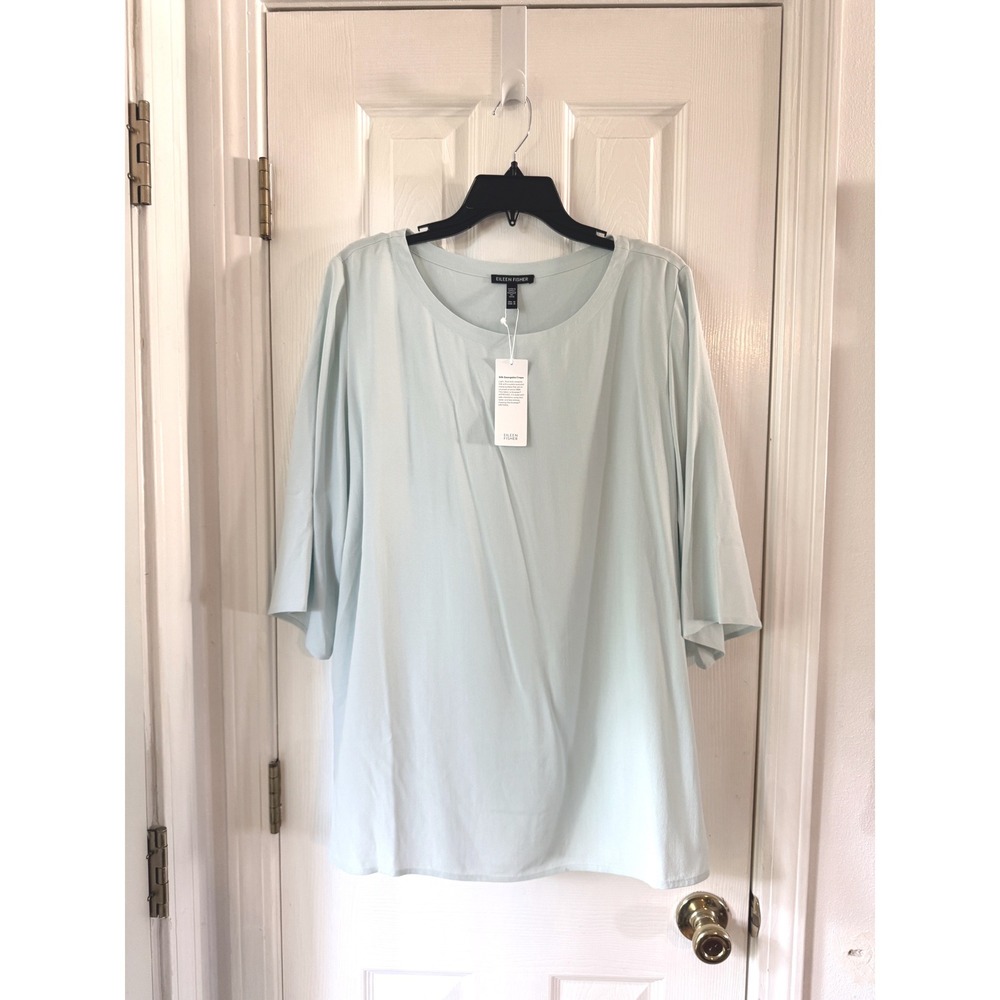 Eileen Fisher Silk Ballet Neck Top Clearwater Blue 3/4 Sleeve Medium